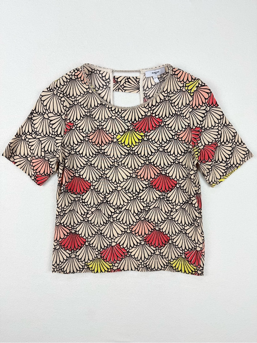Suncoo Paris Scallop Shell Print Open Back Top French Girl Blouse Pink Yellow